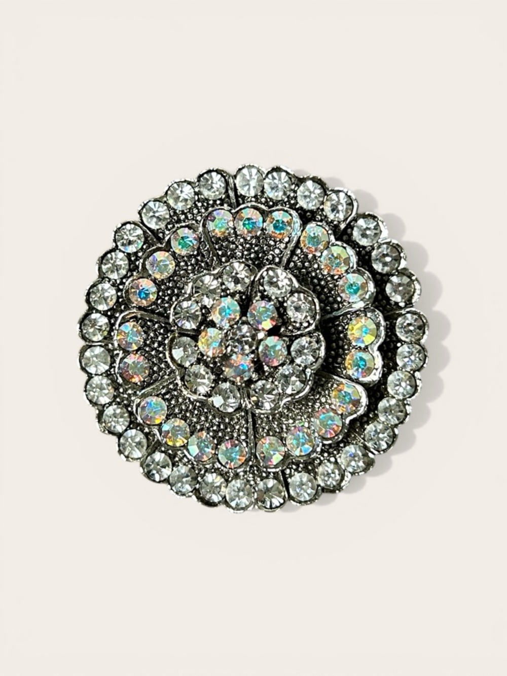 Crystal Floral Round Brooch Silver Tone
